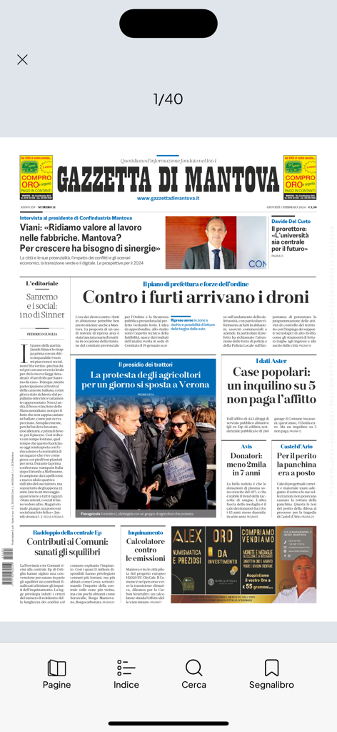 モバイルアプリ内のLa Gazzetta di Mantova新聞のデジタル一面。