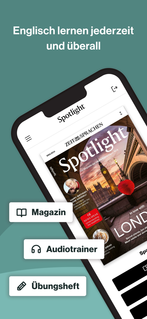 Spotlight eMagazine mobile app Oberfläche, die die Funktionen des Magazin-Audiotrainers und des Übungsbuchs zum Englischlernen zeigt