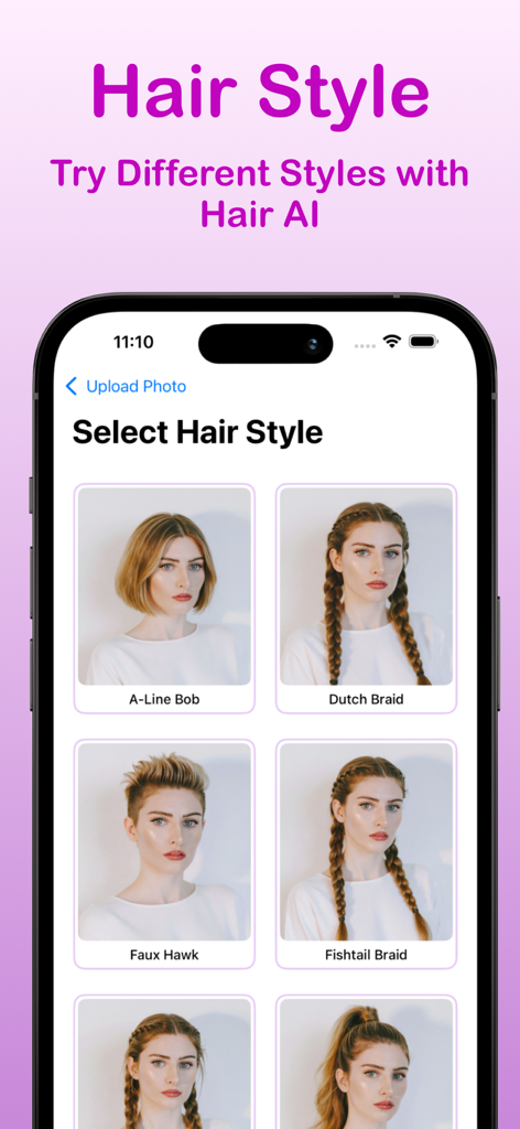 Haircut AI - Change Hair Color - NextHair app interface showing a selection of AI-generated hairstyles like A-Line Bob and Dutch Braid.