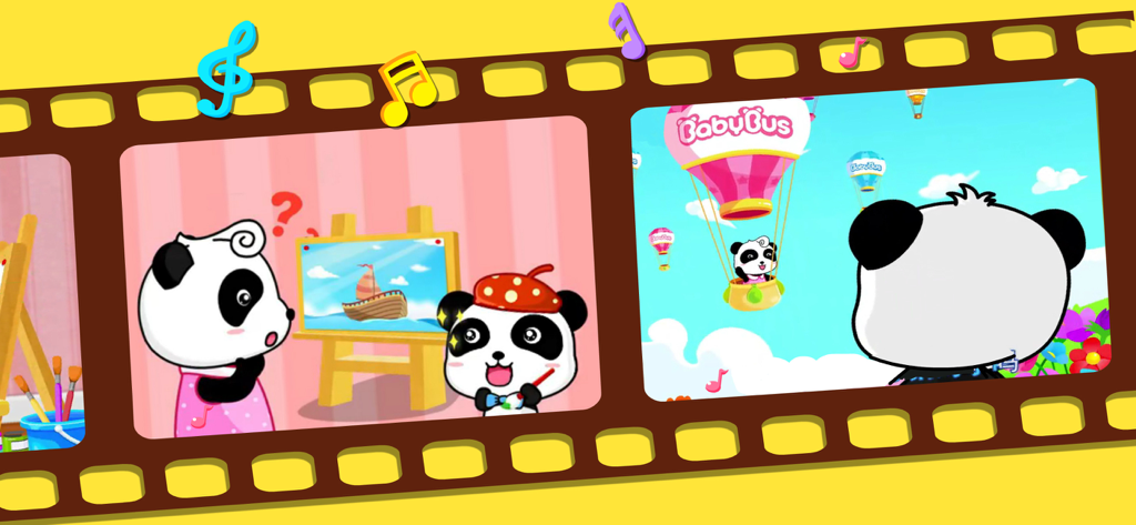 Baby-Pandas spielen ein Mal- und Ratespiel mit bunten Animationen und Heißluftballons