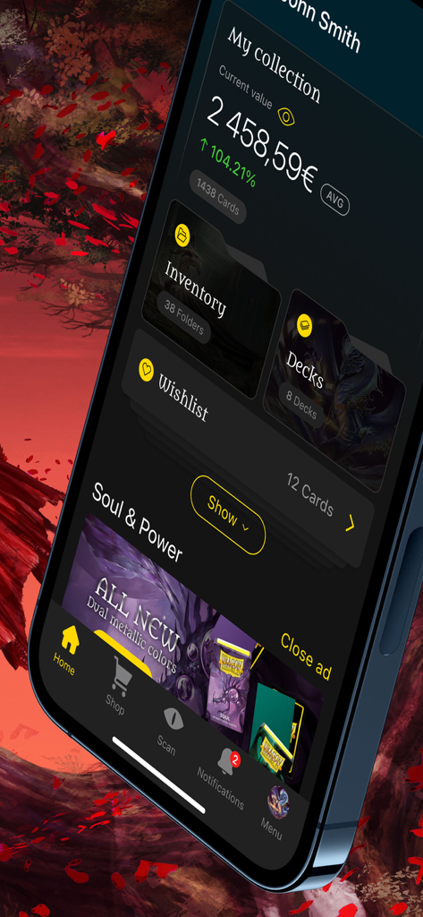 MTG Scanner Dragon Shield app dashboard showing collection value and inventory folders
