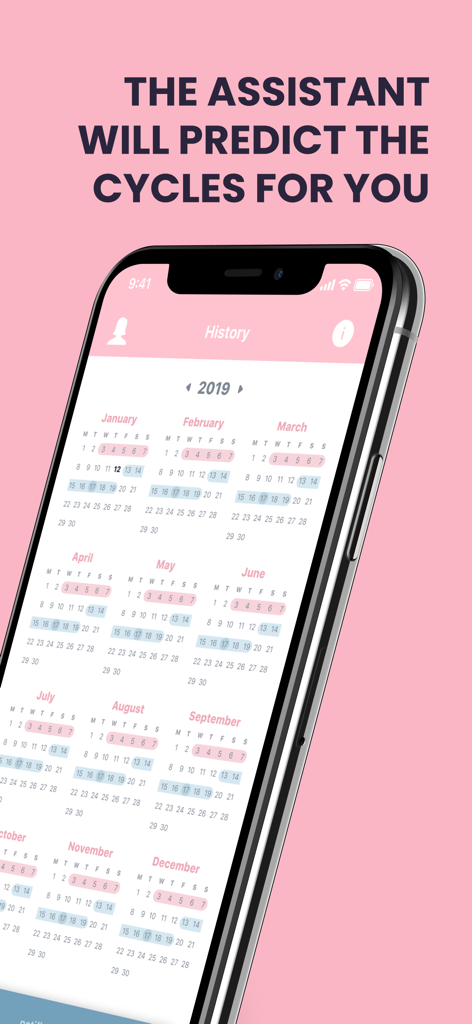 Vue du calendrier annuel dans l'application montrant l'historique du cycle menstruel et les prédictions d'ovulation