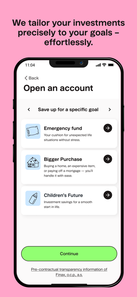 Finax: Invest Money in ETFs - Finaxアプリの画面。緊急基金や住宅購入などの投資目標オプションが表示されています。