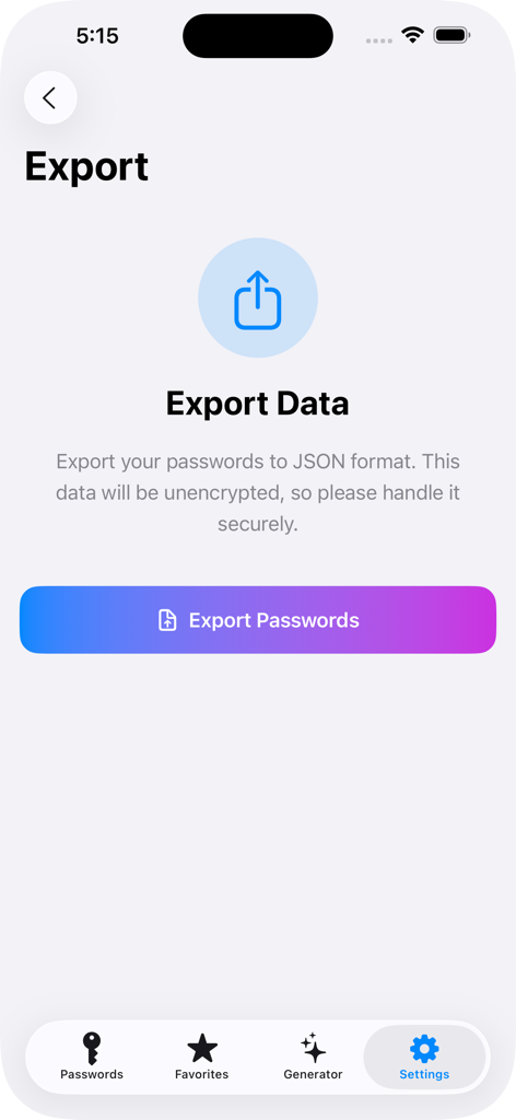 PassVault app export screen for passwords in JSON format