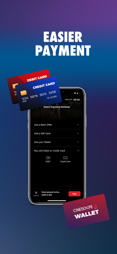 Cinescape - KNCC - Cinescape mobile app payment screen showing credit card and KNET options