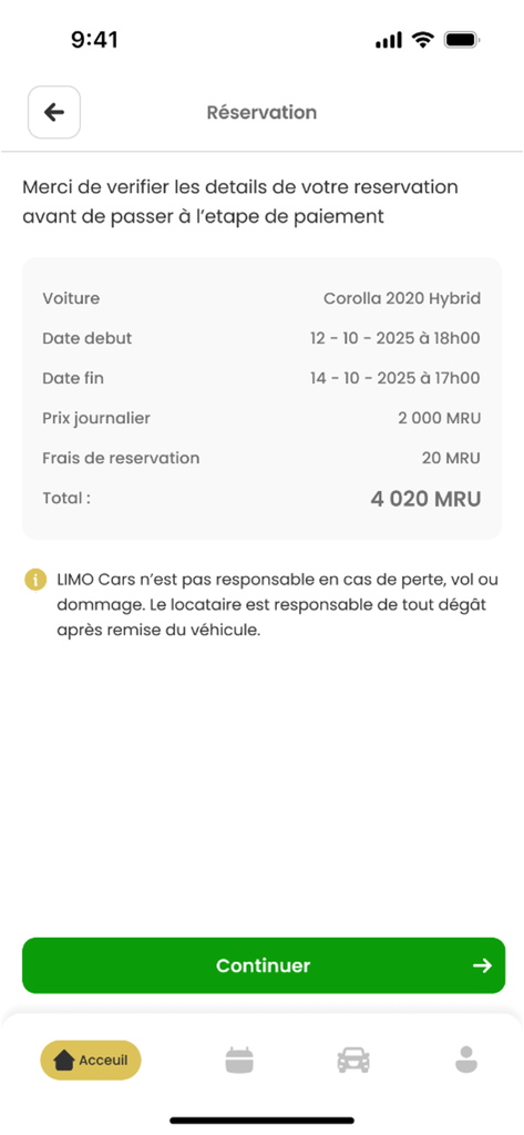 Limo cars - 날짜 및 총 가격을 포함한 하이브리드 차량 예약 요약을 보여주는 모바일 앱 화면