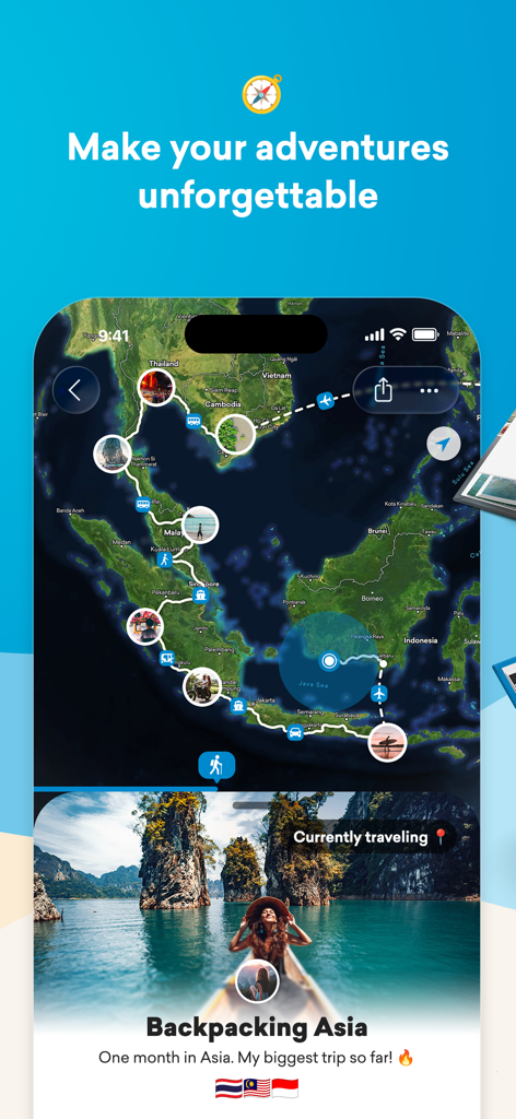 FindPenguins travel tracker app showing a route map and photo diary for backpacking in Asia.