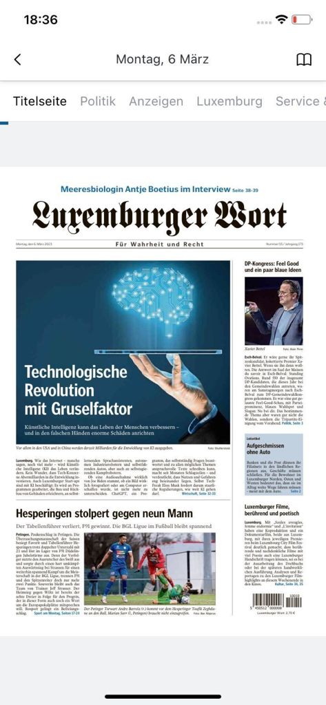 Wort E-Paper - Digitale Titelseite der Zeitung Luxemburger Wort in der E-Paper App
