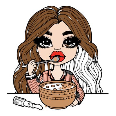 girl with big lips and long hair eating breakfast with pjs