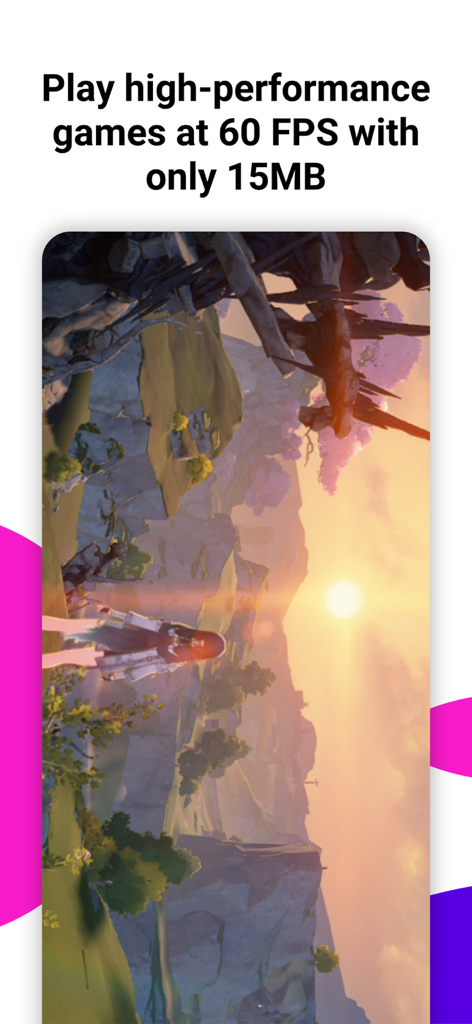 CloudMoon app screenshot showcasing high performance gaming at 60 FPS with minimal storage usage