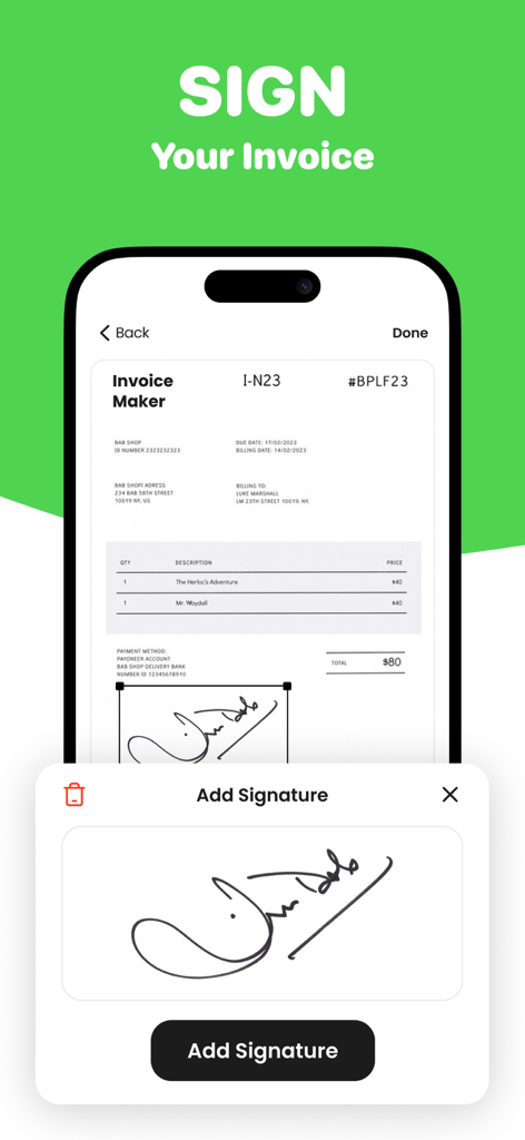 Invoice Maker - Simple Bills - Digital signature screen in the Invoice Maker app for signing business invoices on a smartphone