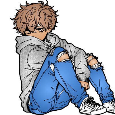 a male hoddie ripped jeans messy hair anime
