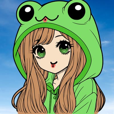 a pretty girl wearing a frog hoodie portrait with long hair
