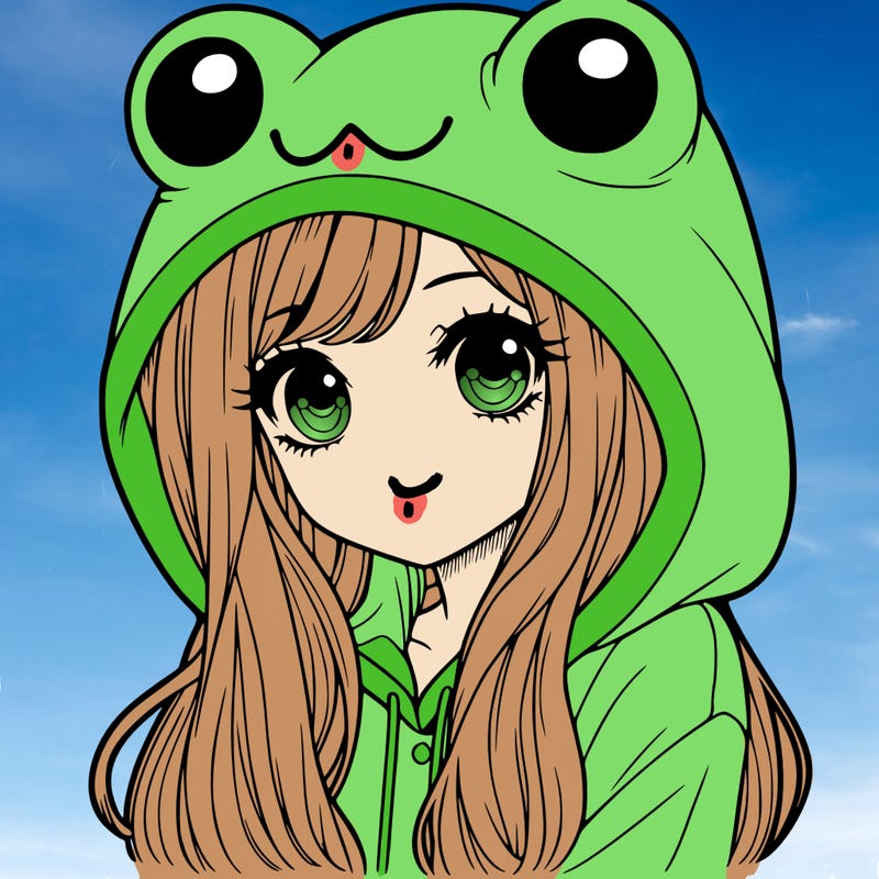 a pretty girl wearing a frog hoodie portrait with long hair