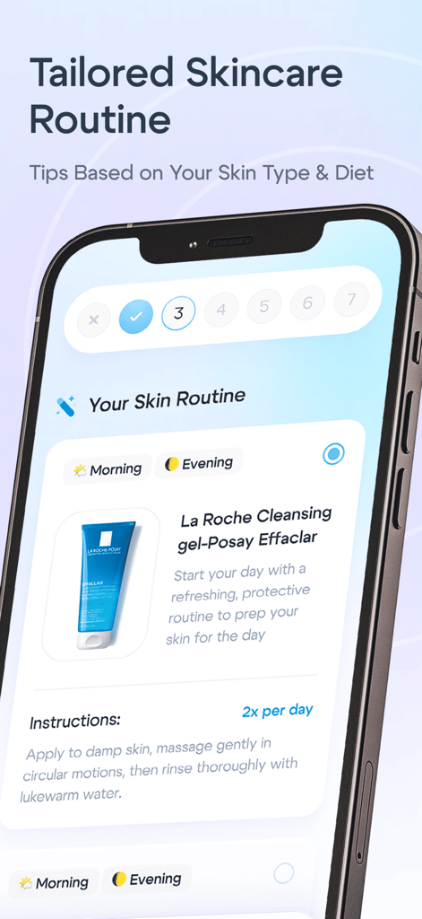 A mobile screen from the Lume AI Skin Scanner app showing a tailored skincare routine with product recommendations and usage instructions.