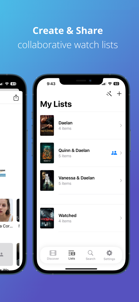 Binge List - Binge List app interface showing multiple collaborative watch lists shared with friends and partners.