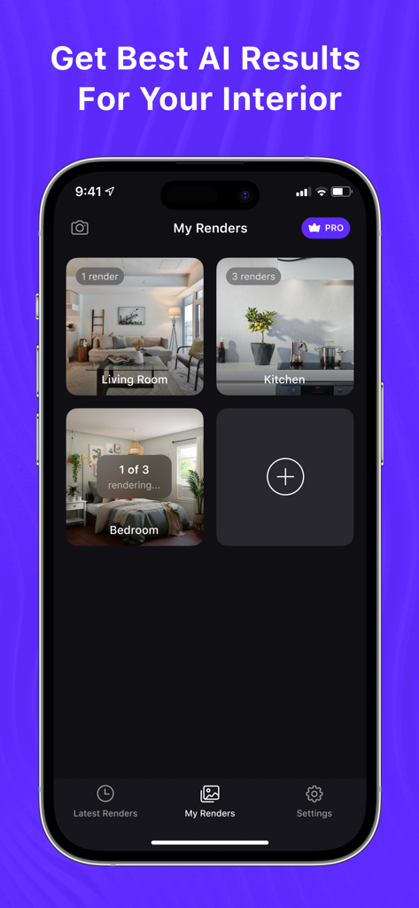 Interfaccia dell'app DesignSense AI che mostra una galleria di rendering di stanze, tra cui soggiorno, cucina e camera da letto