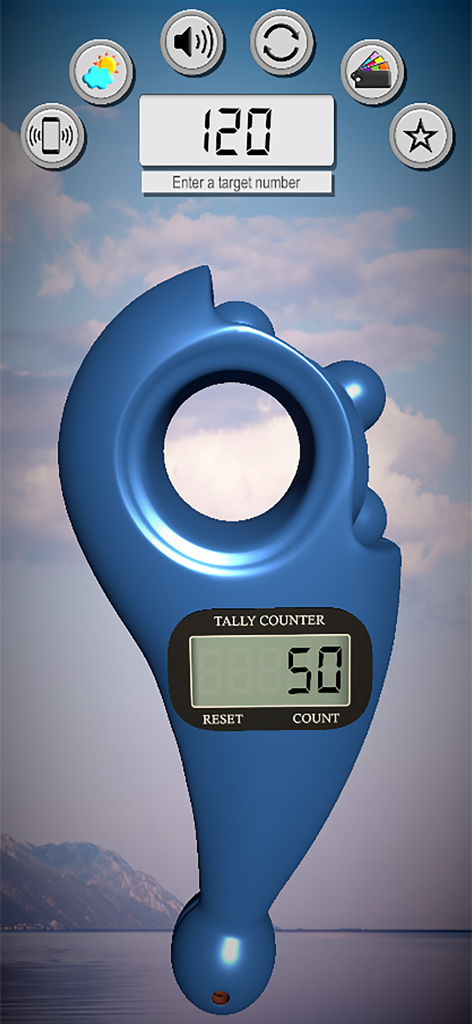 Realistic 3D blue tasbeeh counter app interface with a mountain landscape background
