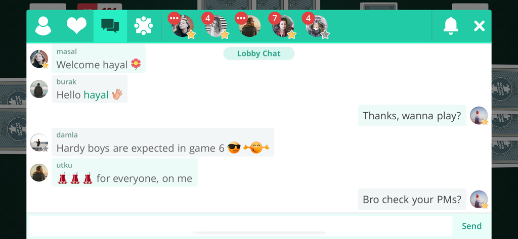 Lobby chat interface in Pisti Online card game with player messages and avatars