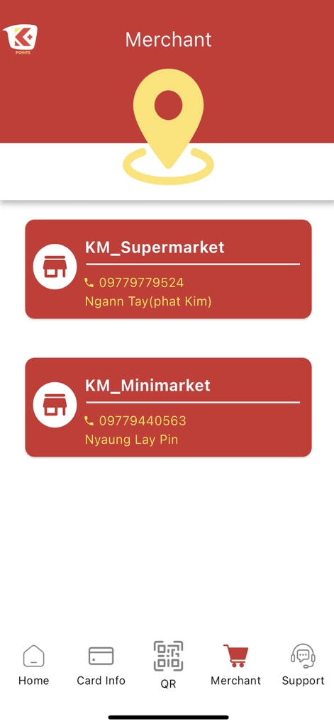 K+ Points - Pantalla de comercios en la aplicación K+ Points que muestra una lista de supermercados y minimarkets con números de teléfono y direcciones.