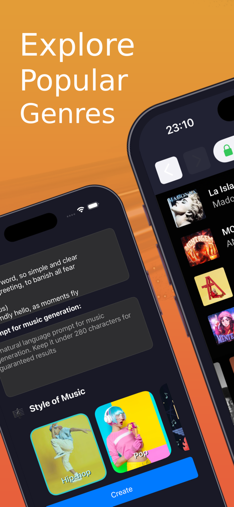 Mixtube - Full Music Player - Mixtube app interface displaying popular music genres and a song playlist selection.