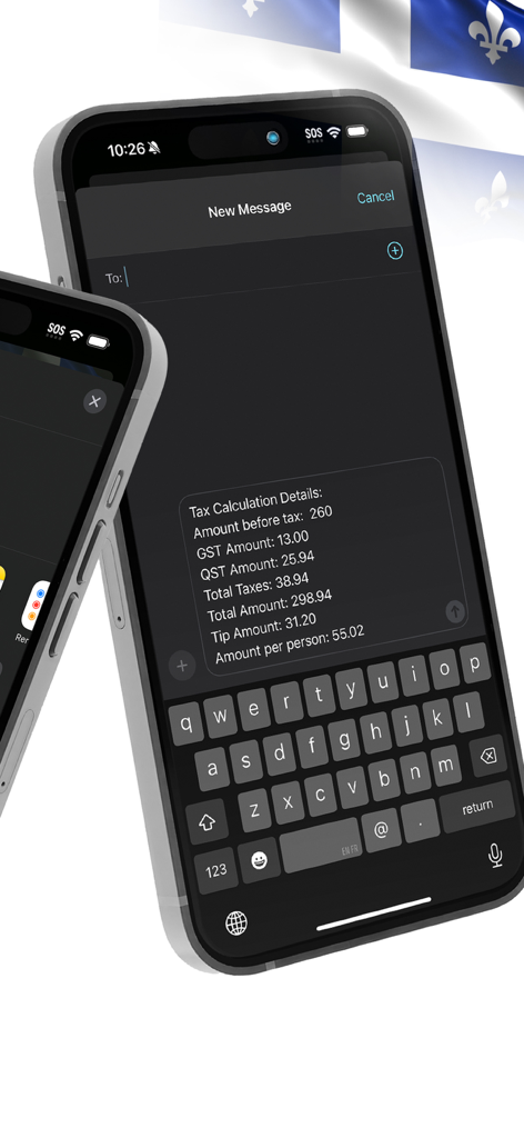iPhone showing tax calculation details shared in a new message including GST QST tip and bill splitting