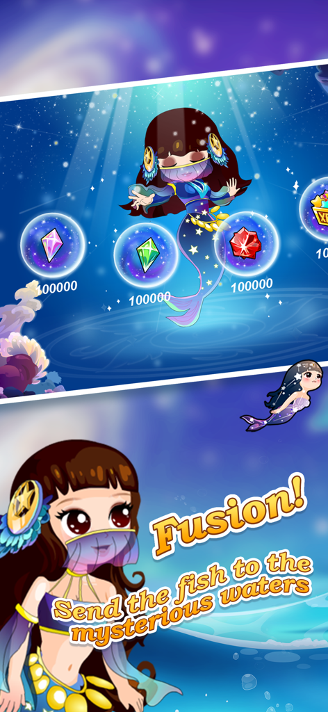 Happy Fish + - A mermaid character surrounded by colorful gems in the Happy Fish plus fusion game screen
