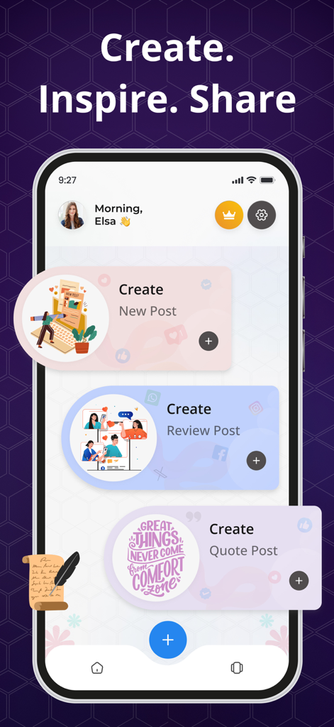Quotes Maker app dashboard featuring creation tools for social media posts and quotes.