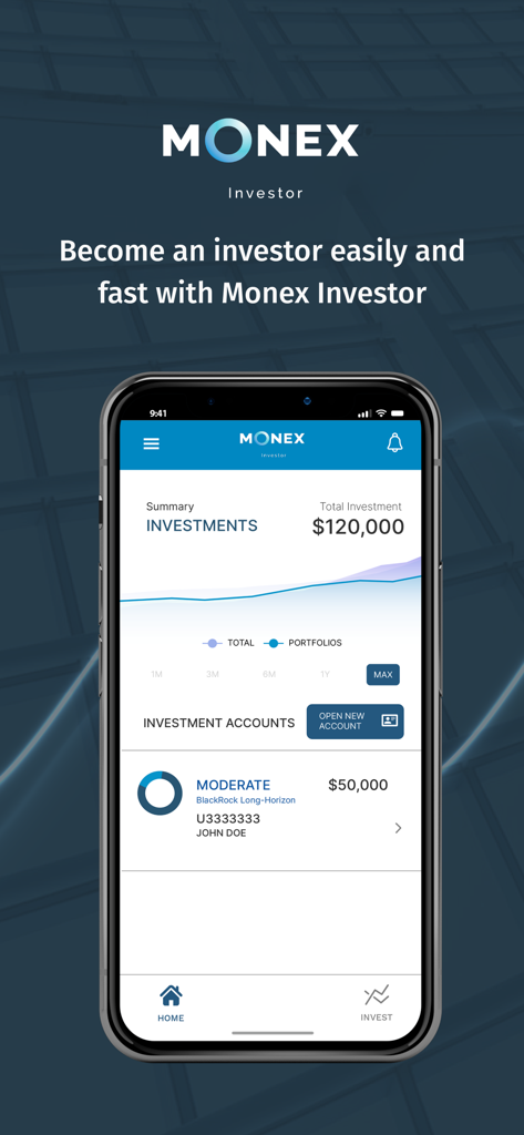 Monex Investor - Pantalla de la aplicación Monex Investor que muestra el resumen de inversión total y el saldo de la cartera