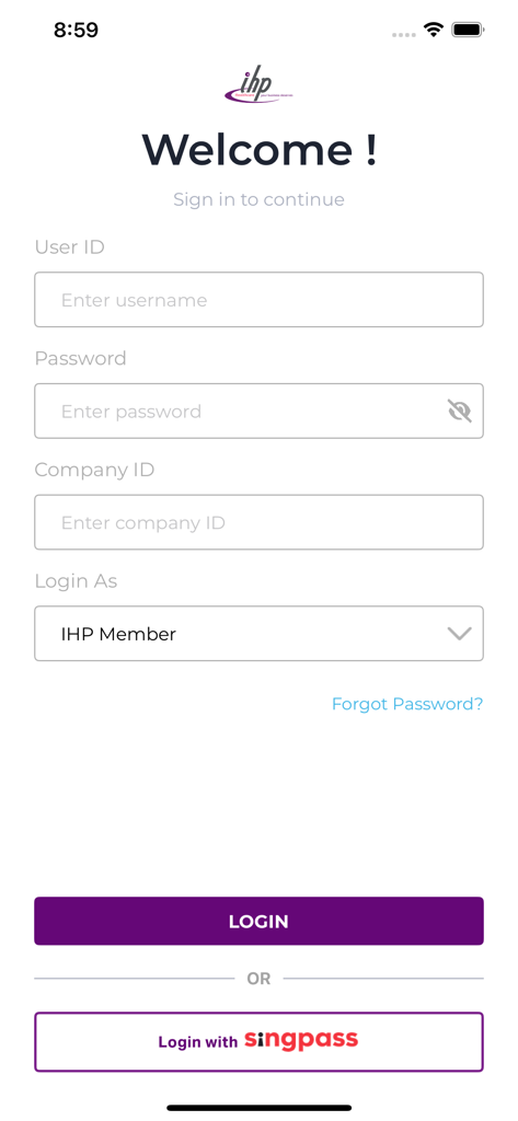 IHP App login interface with fields for User ID, Password, Company ID, and an option to login with Singpass.