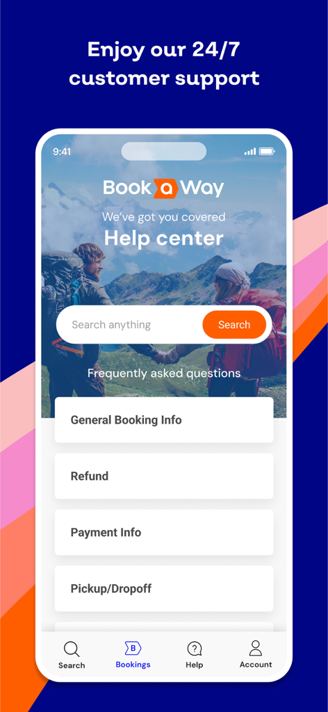 Bookaway: Bus Train & Ferry - Mobile interface of the Bookaway app Help Center showing 24/7 customer support options for international travelers