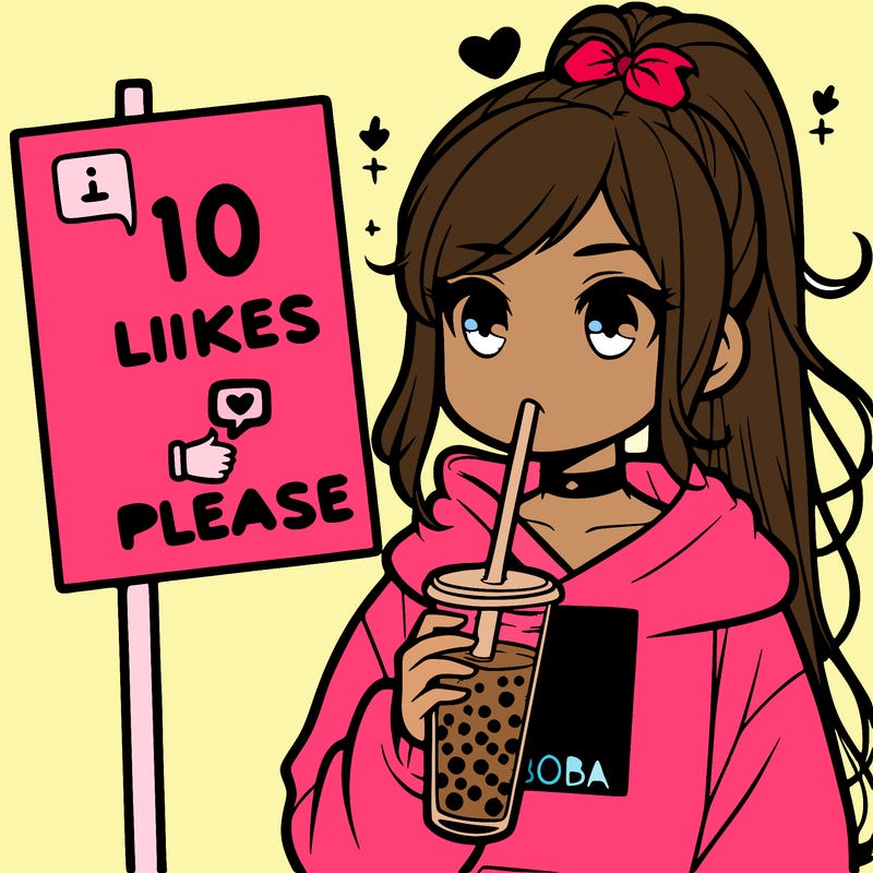 girl with a high ponytail and a hoodie drinking boba staring at a sign saying 10 likes please