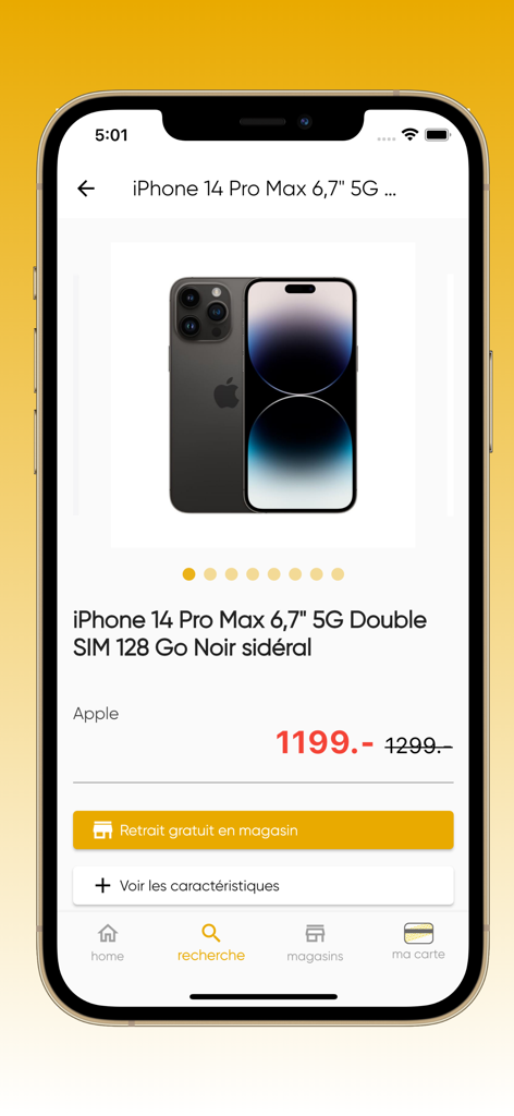 Pagina prodotto mobile dell'app Fnac Svizzera che mostra un iPhone 14 Pro Max con sconto sul prezzo e pulsante di ritiro gratuito in negozio