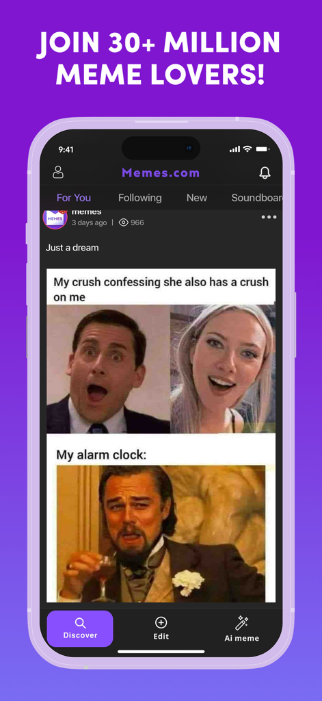 Memes.com Meme Maker Generator - Screenshot der Memes.com App-Oberfläche mit einem viralen Meme-Feed und Navigationsoptionen wie Bearbeiten und KI-Meme.