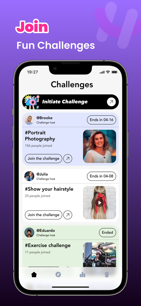 Hugo - Live Video Chat - Interface of Hugo app showing various social challenges like portrait photography and exercise