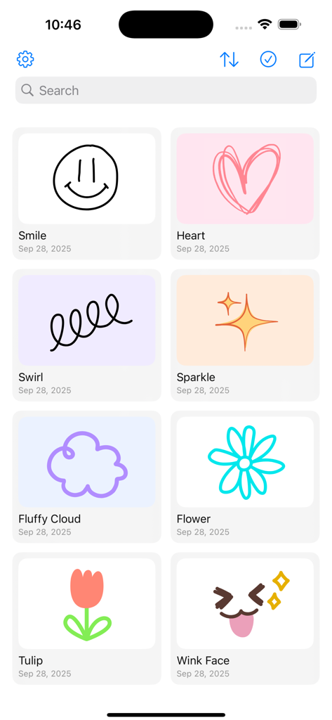 Pantalla de inicio de la aplicación Scribble Board que muestra una galería en cuadrícula de bocetos guardados dibujados a mano, como un corazón y una flor