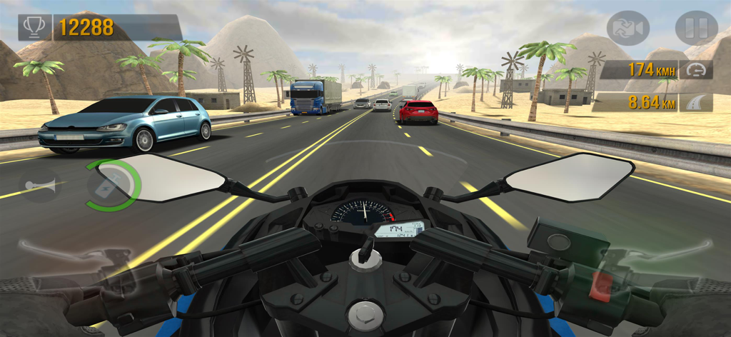Motor Racing Mania - First person perspective of a motorcycle racing through highway traffic in a desert environment
