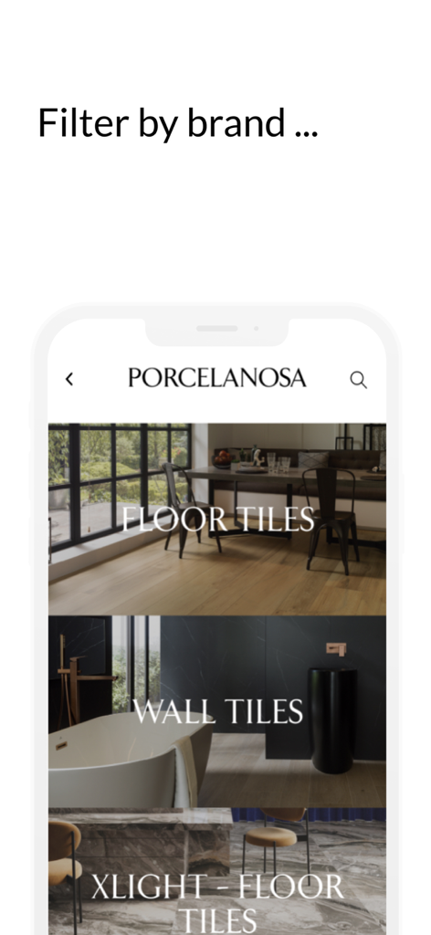 Porcelanosa mobile app interface showing floor and wall tile product categories
