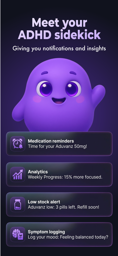 Nuro: ADHD Medication Tracker - Una linda mascota morada para el rastreador de TDAH de Nuro que muestra recordatorios de medicamentos y análisis de progreso.
