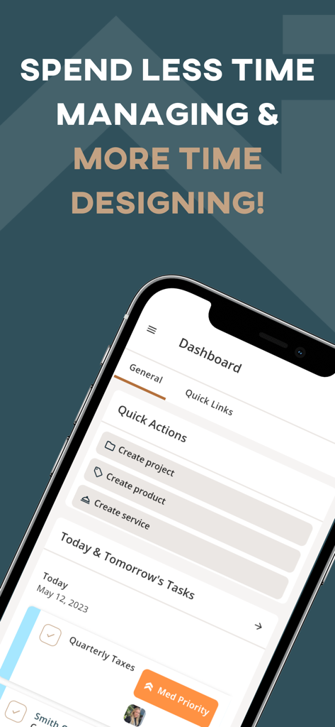 Mydoma Studio - Mydoma Studio app dashboard showing interior design project management and task lists