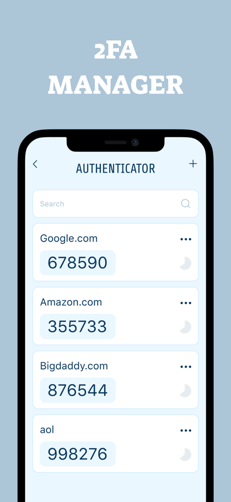 DataDefender: Keep your data - Interfaz del gestor 2FA de la aplicación DataDefender que muestra códigos de autenticación de dos factores para múltiples cuentas