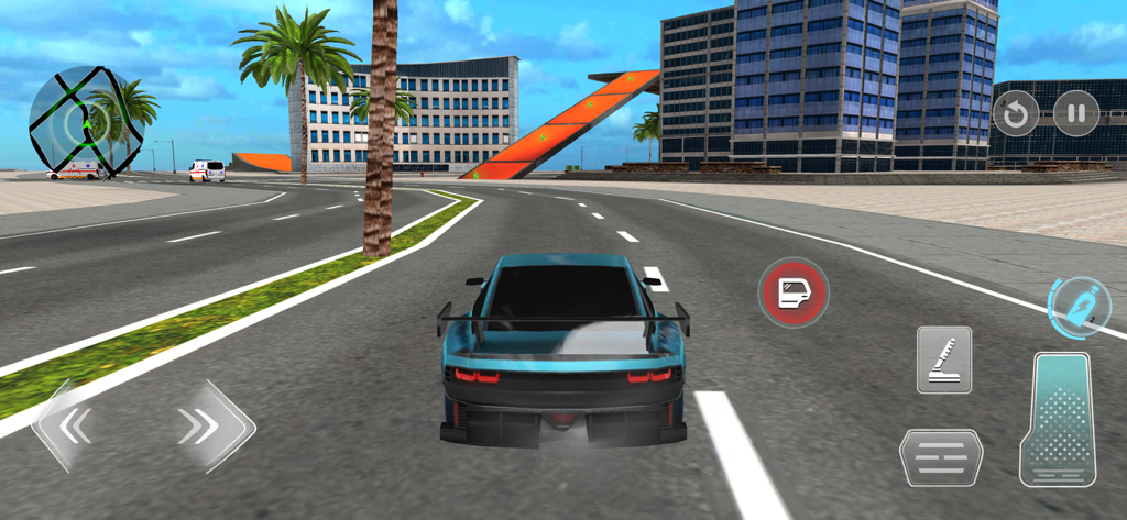 Un coche deportivo azul conduciendo por una ciudad moderna de mundo abierto con palmeras y una rampa de acrobacias.