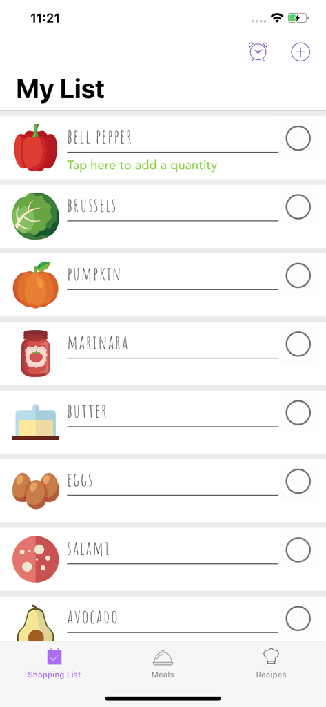 Ketogenic Keto diet food list - Tela do aplicativo móvel mostrando uma lista de compras de supermercado amigável à dieta Keto com itens como pimentão, couve de Bruxelas e abacate.