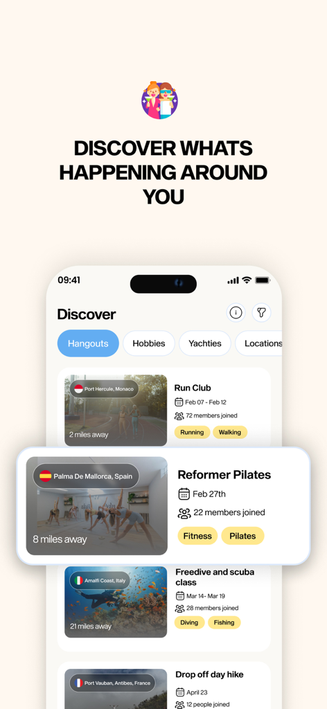 Lost and Found Crew app Discover screen listing local activities like Run Club and Reformer Pilates for yacht crew in ports.