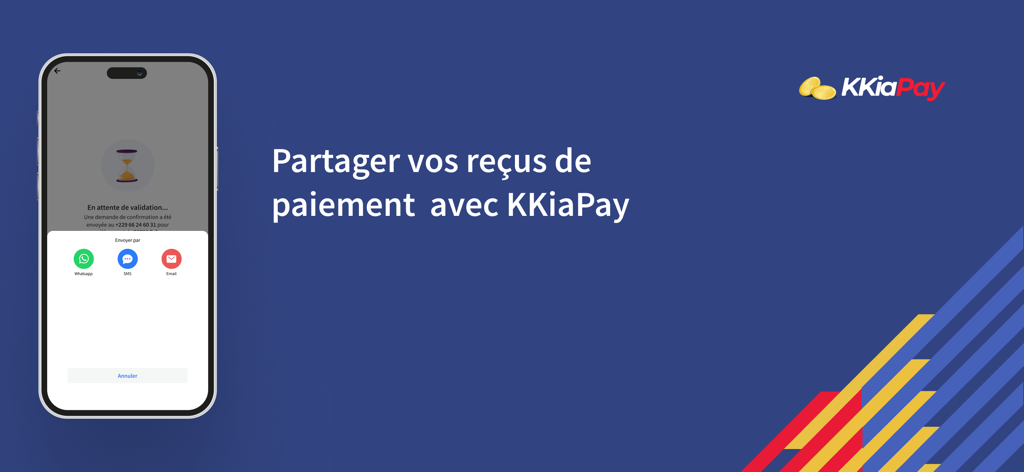 KKIAPAY - KKIAPAY mobile app interface showing options to share payment receipts via WhatsApp SMS and email