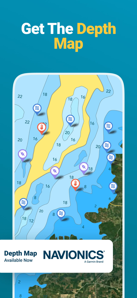 Fishbox-App zeigt eine detaillierte bathymetrische Tiefenkarte, die von Navionics mit Angelmarkierungen betrieben wird