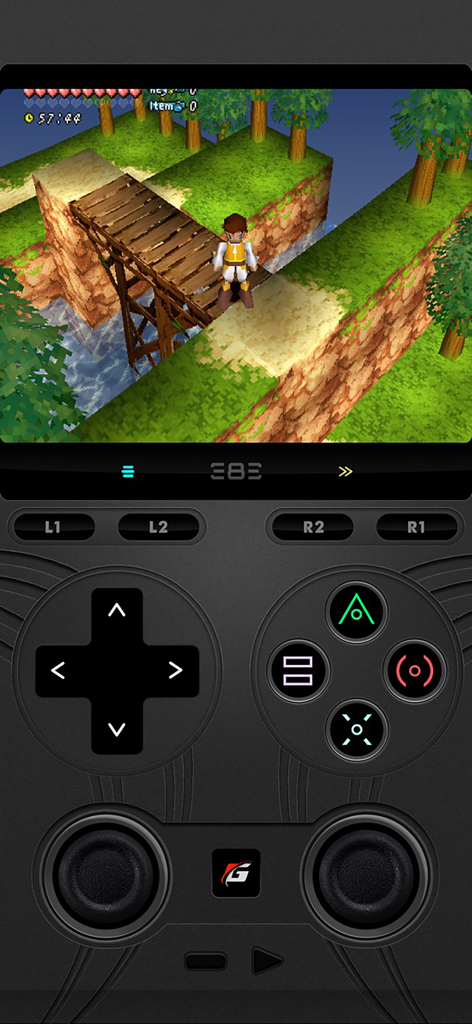 Gamma - PS 1 Game Emulator - Gamma PS1 emulator showing a retro game played with a custom virtual controller skin on mobile