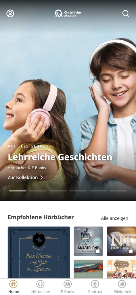 Christliche Medien - Oberfläche der Christliche Medien App mit empfohlenen christlichen Hörbüchern und Bildungsgeschichten für Familien
