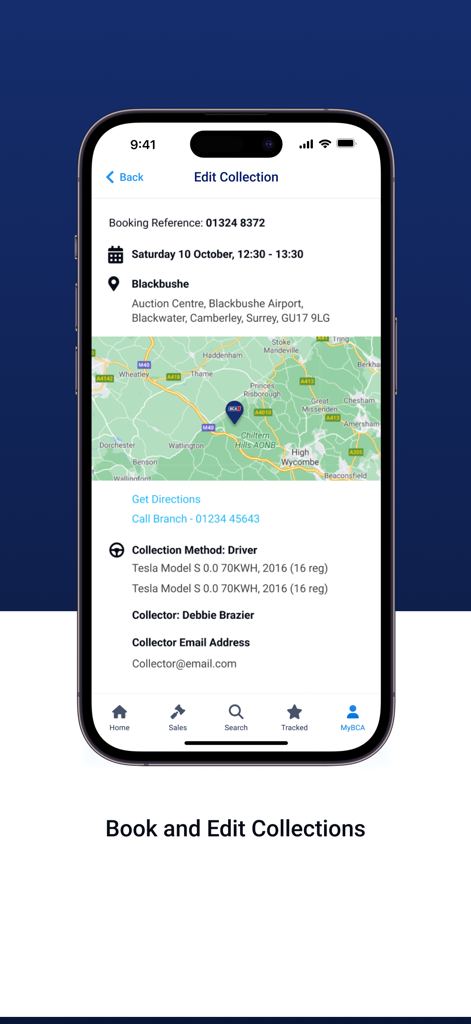 Mobile interface of BCA Buyer app for booking and editing vehicle collections