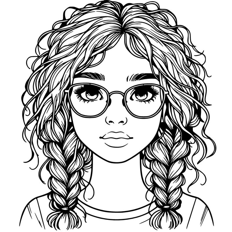 realistic girl with glasses and frizzy hair in braids